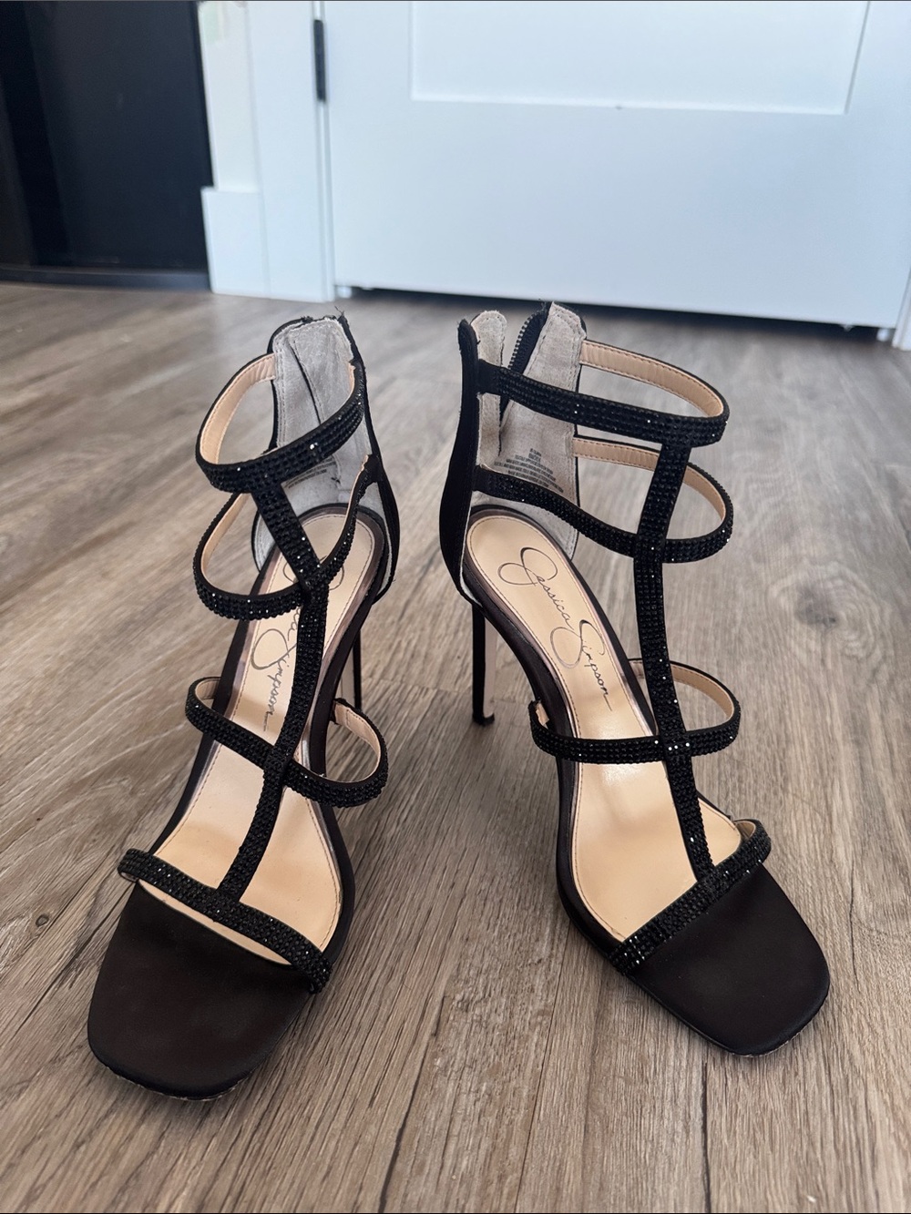 Strapy black jagged rhinestone high heels size 6